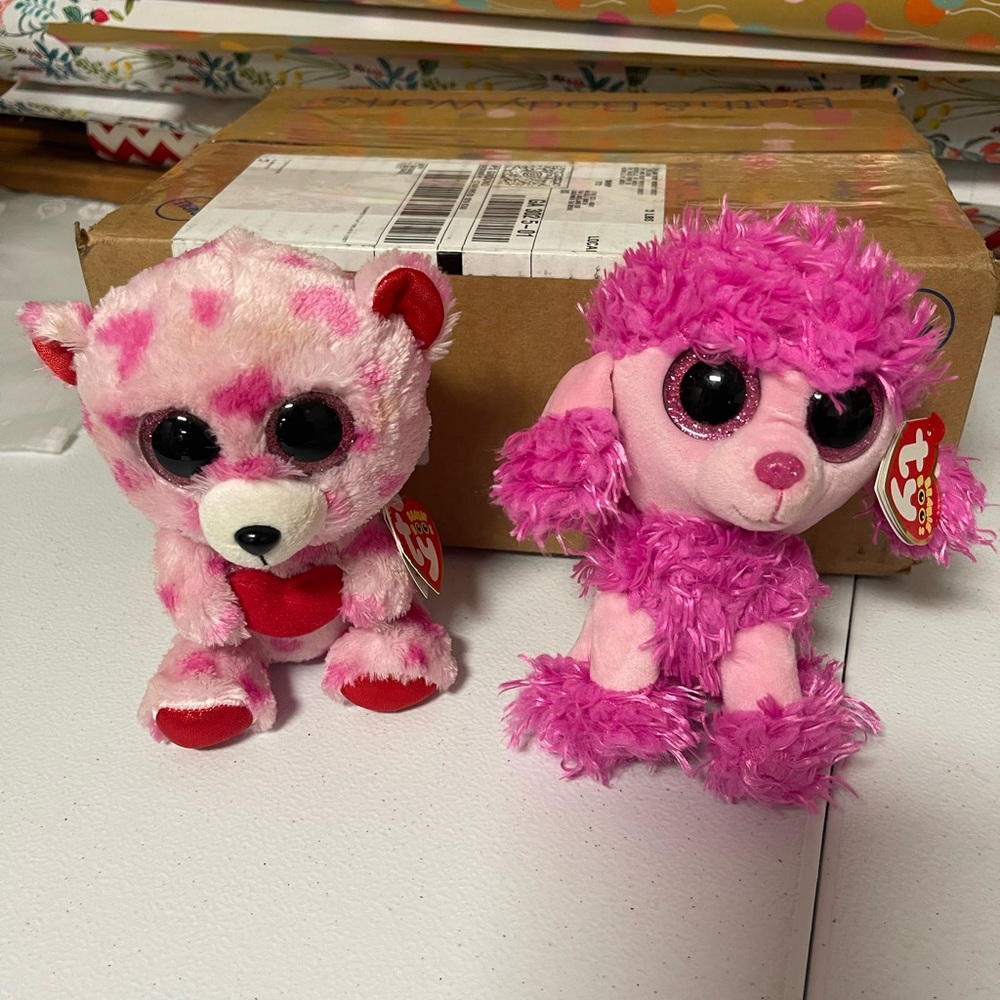 Two    TY beannie boo’s   Patsy the pink poodle & Sweetskins the lovable bear